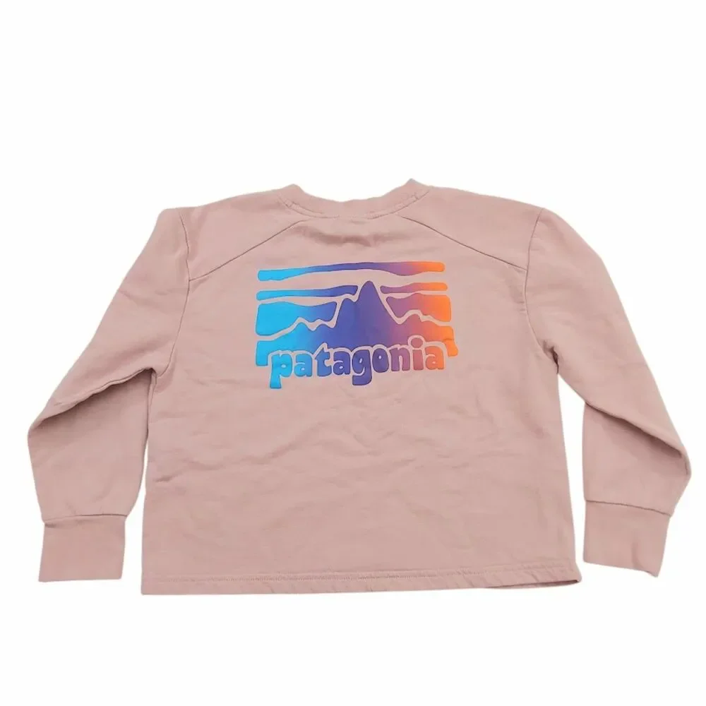 Patagonia Girls Small 6-7 Pink Graphic Crew Sweatshirt Organic Cotton Outdoor